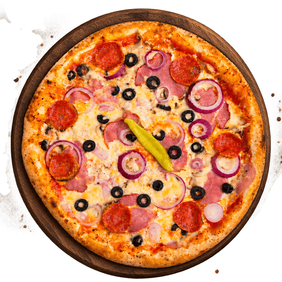 Pizza Pepperoni sa kulenom, suvim vratom, feferonom, maslinama i crvenim lukom